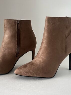 Anna Taupe Suede Pointed-Toe Ankle Booties